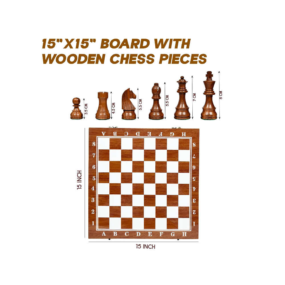 Konex Premium Wooden Chess Board Set 32 Wooden Chess Pieces  Foldable Design with Anti-Scratch Veneer Layered Top & Padded Internal Storage (15 x 15 Inches) Brown