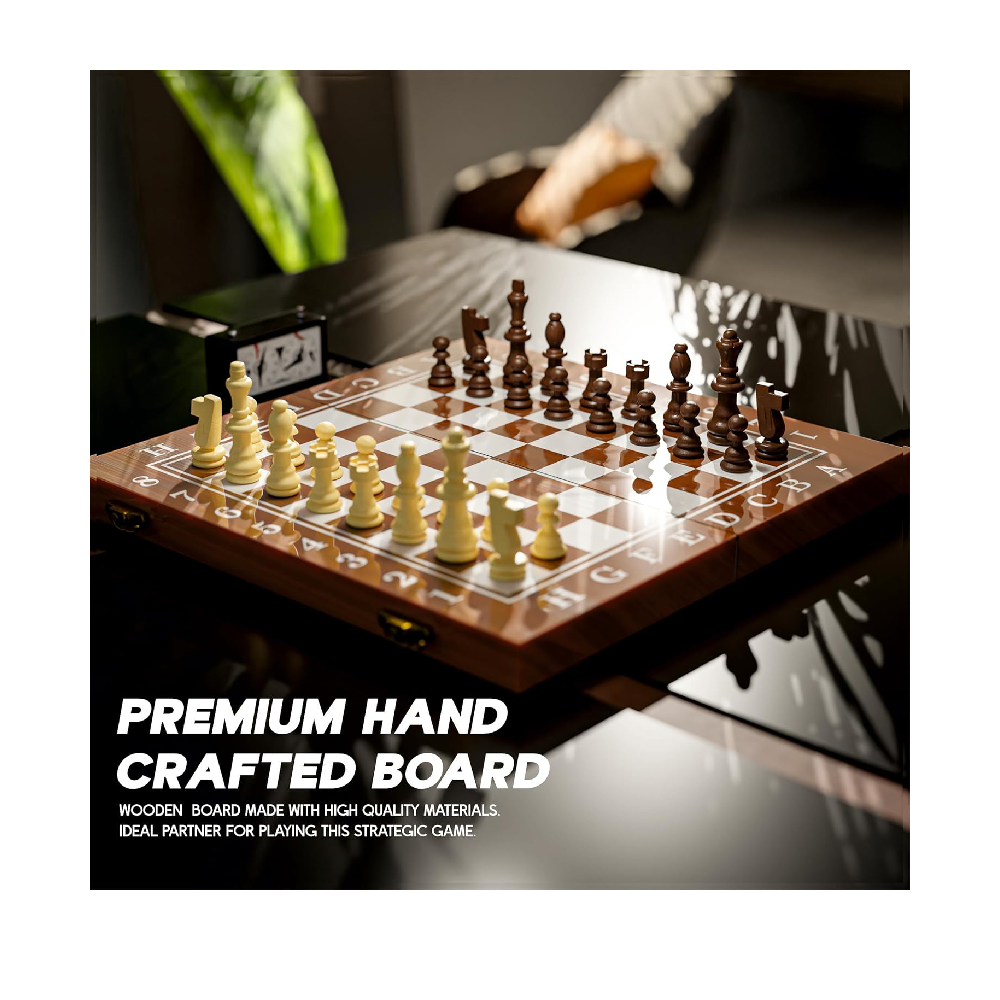 Konex Premium Wooden Chess Board Set 32 Wooden Chess Pieces  Foldable Design with Anti-Scratch Veneer Layered Top & Padded Internal Storage (15 x 15 Inches) Brown