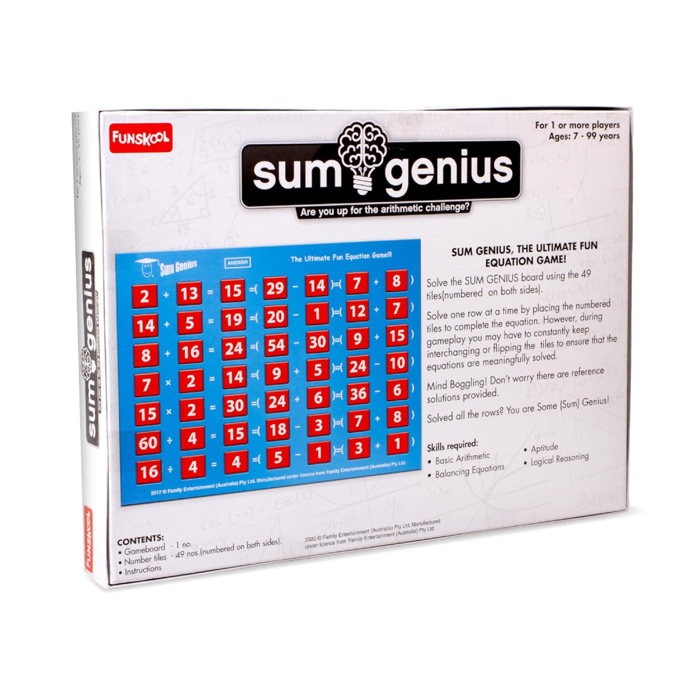 Funskool Sum Genius, Strategy Game, Board Game for Kids, Adults, Families, Educational, Fun, 1+ Players, Family Fun, Learning Activity Toy for Childrens, Gift Set for Kid, Ages 7+ Y