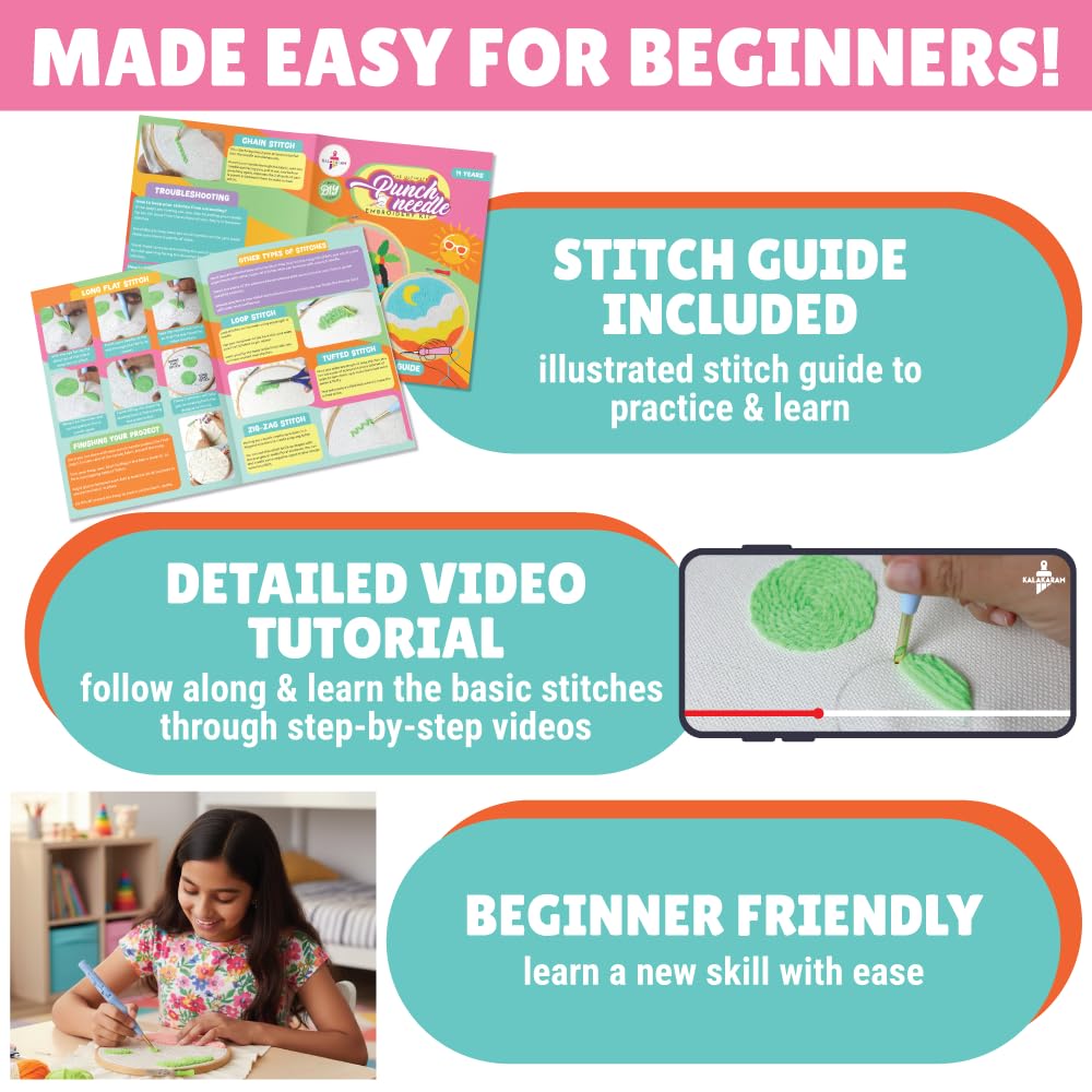 Kalakaram Punch Needle Kit – Beginner-Friendly DIY Embroidery Set with Printed Designs & Tools  Fun Art & Craft Gift for Kids & Adults  Perfect for Birthdays & Creative Hobbies