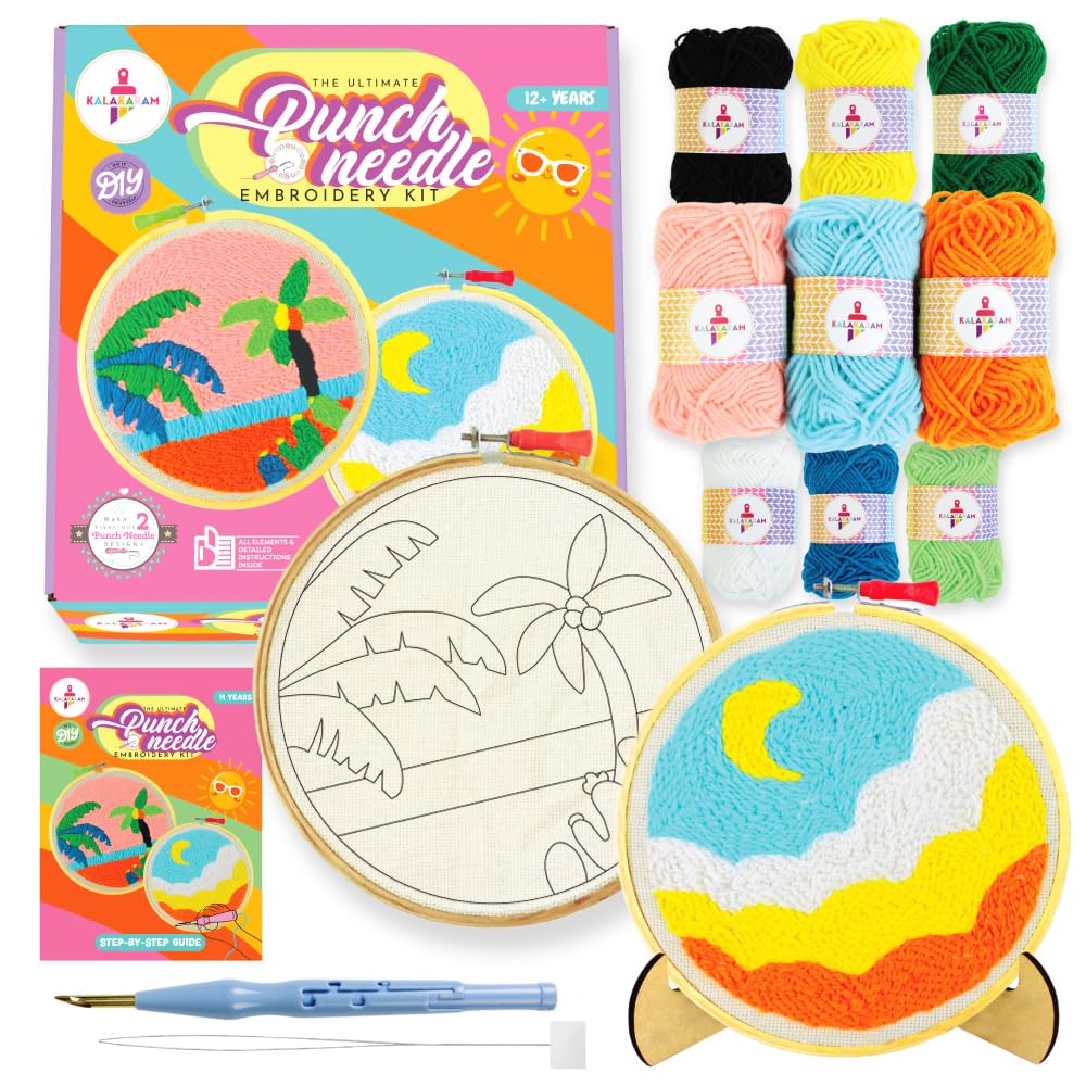 Kalakaram Punch Needle Kit – Beginner-Friendly DIY Embroidery Set with Printed Designs & Tools  Fun Art & Craft Gift for Kids & Adults  Perfect for Birthdays & Creative Hobbies