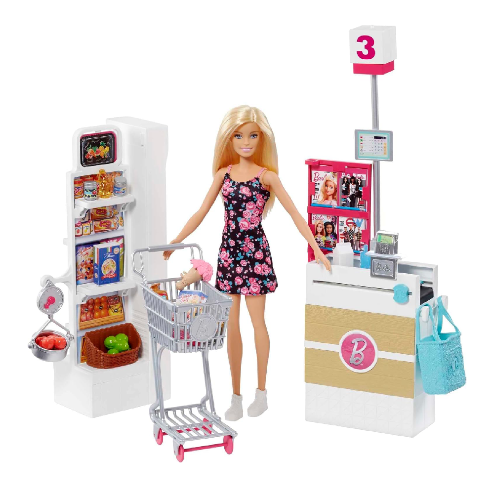 Barbie® Doll, Blonde, and Grocery Store with Rolling Cart and Working Belt