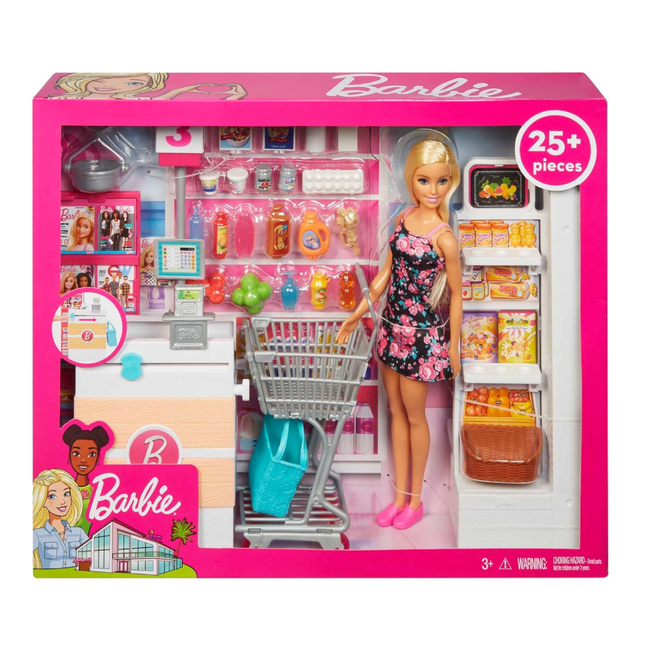 Barbie® Doll, Blonde, and Grocery Store with Rolling Cart and Working Belt Hover Image