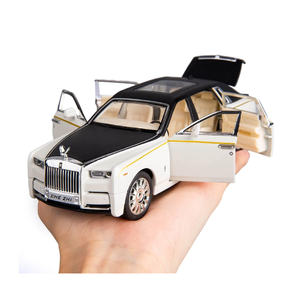 132 Phantom Model Car Zinc Alloy Pull Back Toy Diecast Toy Cars with Openable Doors, Sound and Light for Kids Boy Girl Gift(White Black)