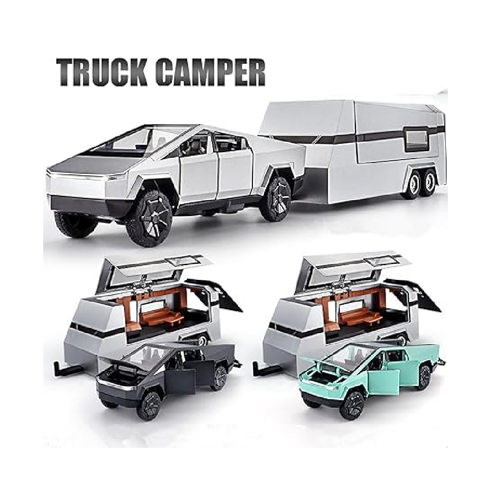Tesla Cybertruck Diecast Car 132 Scale  Metal Alloy Off-Road Truck with Pickup Trailer, Sound & Light  Toy Car Model for Kids (【Colors as Per Stock】【Random Color】