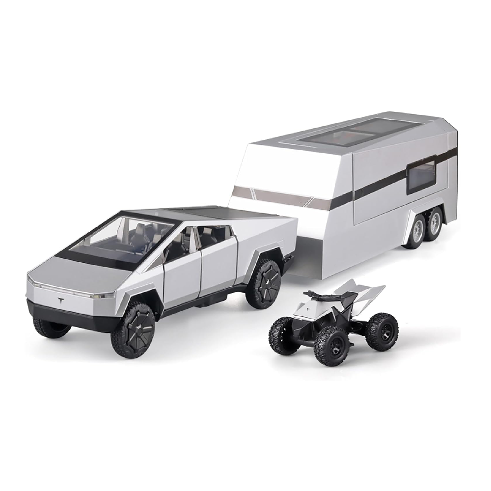 Tesla Cybertruck Diecast Car 132 Scale  Metal Alloy Off-Road Truck with Pickup Trailer, Sound & Light  Toy Car Model for Kids (【Colors as Per Stock】【Random Color】