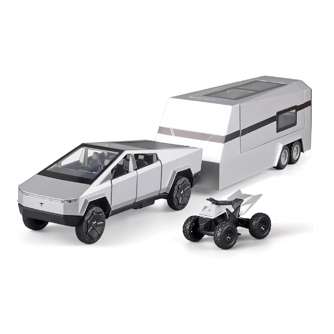 Tesla Cybertruck Diecast Car 132 Scale  Metal Alloy Off-Road Truck with Pickup Trailer, Sound & Light  Toy Car Model for Kids (【Colors as Per Stock】【Random Color】 Main Image