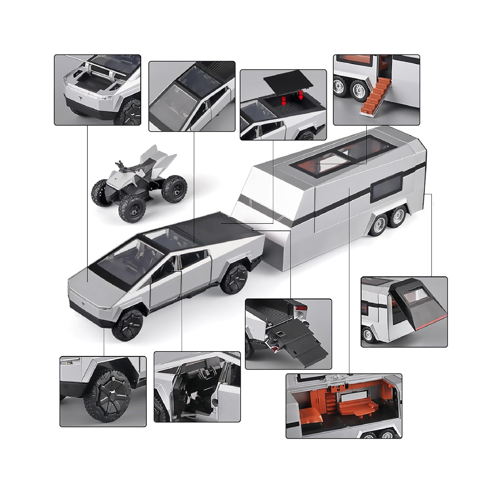 Tesla Cybertruck Diecast Car 132 Scale  Metal Alloy Off-Road Truck with Pickup Trailer, Sound & Light  Toy Car Model for Kids (【Colors as Per Stock】【Random Color】