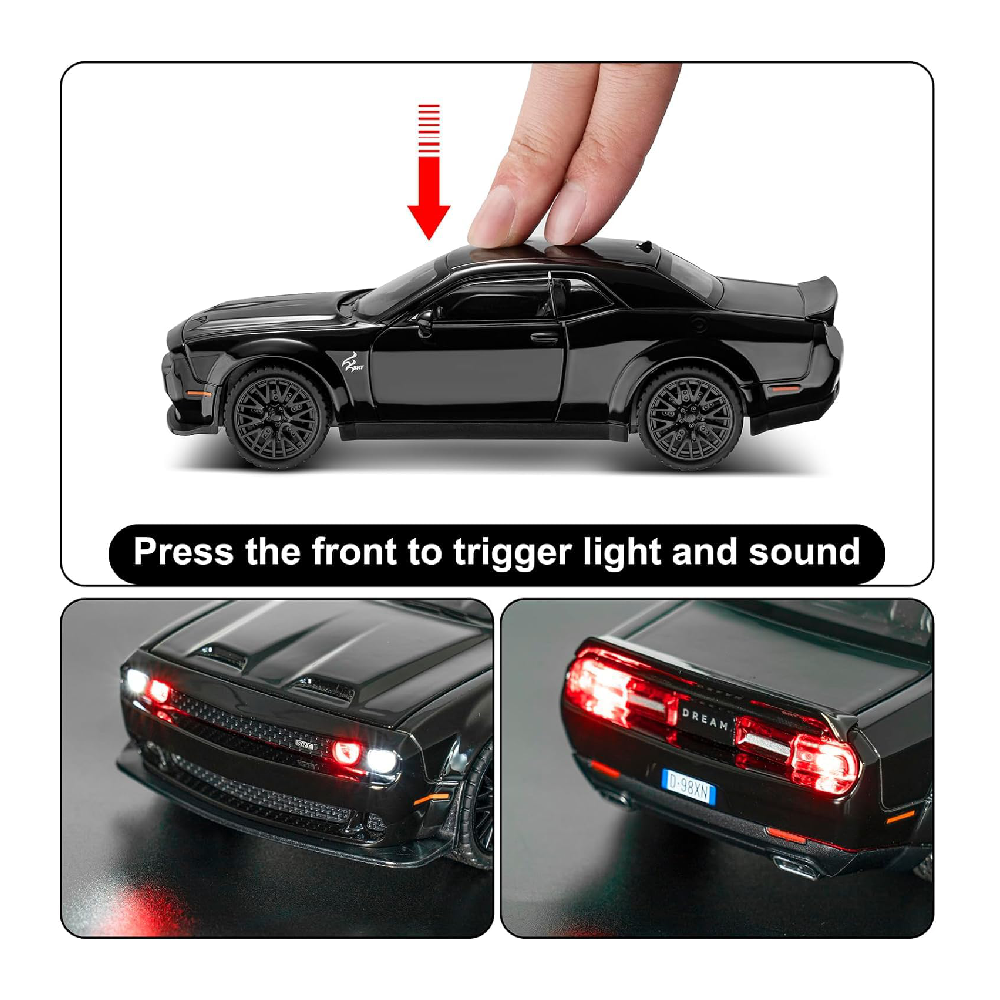 132 Scale Exclusive Alloy Metal Pull Back Die-cast Car Model with Sound Light Mini Auto Toy for Kids Metal Model Toy Car with Sound and Light (1.32 Scale Dodge Challenger-Black)