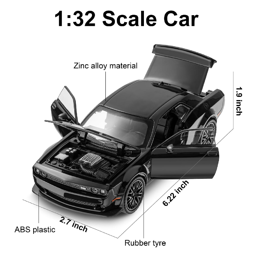 132 Scale Exclusive Alloy Metal Pull Back Die-cast Car Model with Sound Light Mini Auto Toy for Kids Metal Model Toy Car with Sound and Light (1.32 Scale Dodge Challenger-Black)