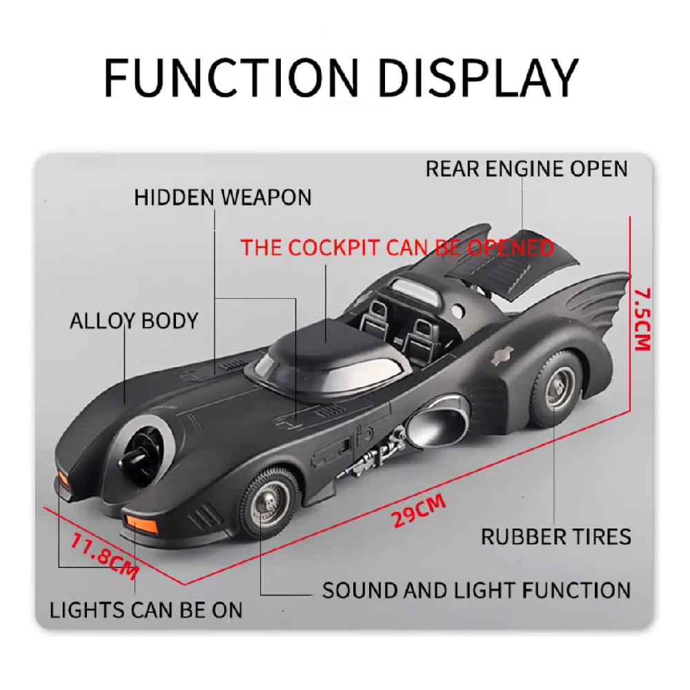 Diecast Black Bat Car 124 Scale Model, Pull Back Vehicles Alloy Simulation Supercar with Lights and Sound and Smoke Also for Vehicle Dashboard,Kids,Adult (Black Car)