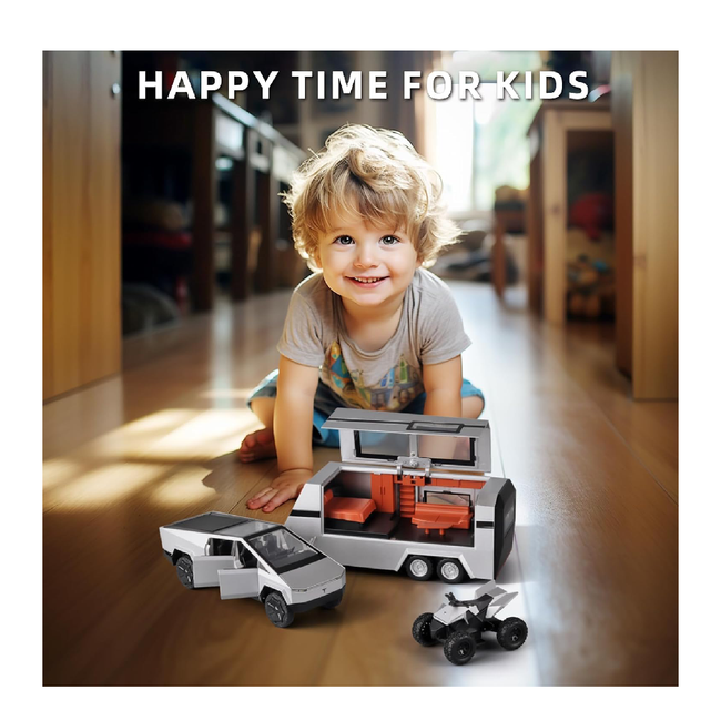 Tesla Cybertruck Diecast Car 132 Scale  Metal Alloy Off-Road Truck with Pickup Trailer, Sound & Light  Toy Car Model for Kids (【Colors as Per Stock】【Random Color】 Hover Image
