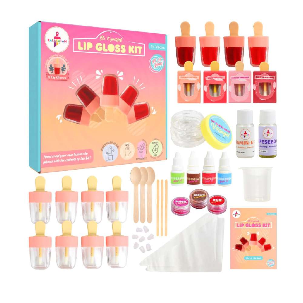 Kalakaram Make Your Own Lip Gloss Kit - Gifts for Girls Age 10-12  Make 8 Lip Gloss With Nourishing Vitamin E Oil