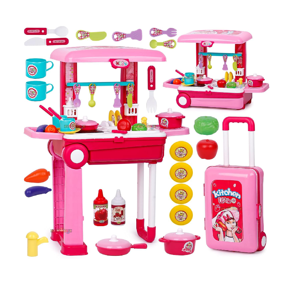 Kitchen Set for Girls  Light & Sound Portable Trolley 18 pcs Kitchen Toys for Girls  Big Cooking Set for Kids  Battery Operated Pretend Play