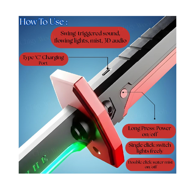 LED Sword with Mist Spray Mode, Flowing Dazzling Lights  Realistic Sound Effects Powerful Battery  Full Protective Cover for Kids Role Play (Color As Per Stock) Main Image