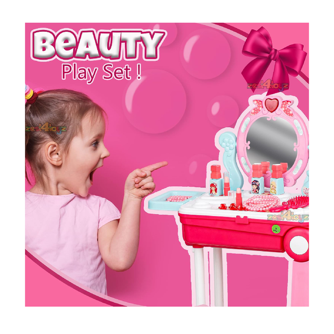 Makeup Kit Set for Kids Girls  21 Pieces Cosmetic 2 in 1 Vanity Table Portable Trolley Pretend Play Set Toys Make up Accessories for Kids Hover Image