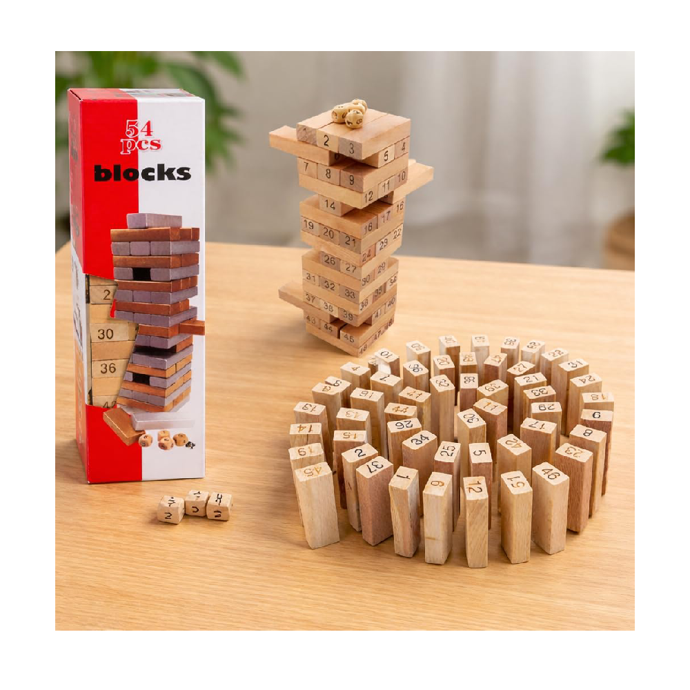 Wooden Jenga Blocks Game 54 Pieces Number Stacking Tower Game for Kids & Adults  Educational Toy for Learning Numbers, Balance & Skills