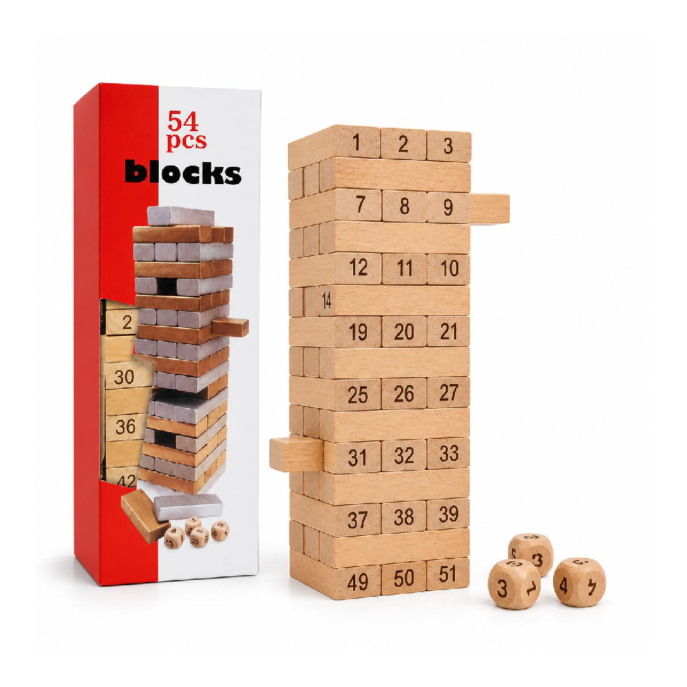 Wooden Jenga Blocks Game 54 Pieces Number Stacking Tower Game for Kids & Adults  Educational Toy for Learning Numbers, Balance & Skills