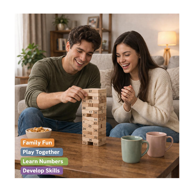 Wooden Jenga Blocks Game 54 Pieces Number Stacking Tower Game for Kids & Adults  Educational Toy for Learning Numbers, Balance & Skills Main Image