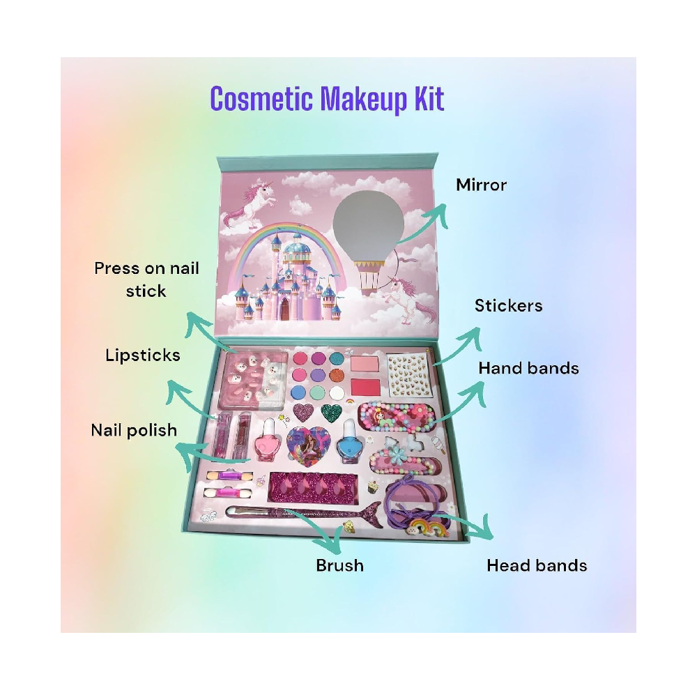 Princess Makeup Kit for Girls  Washable Pretend Play Cosmetic Set with Lipstick, Nail Polish, Jewelry & Accessories  Safe Non-Toxic