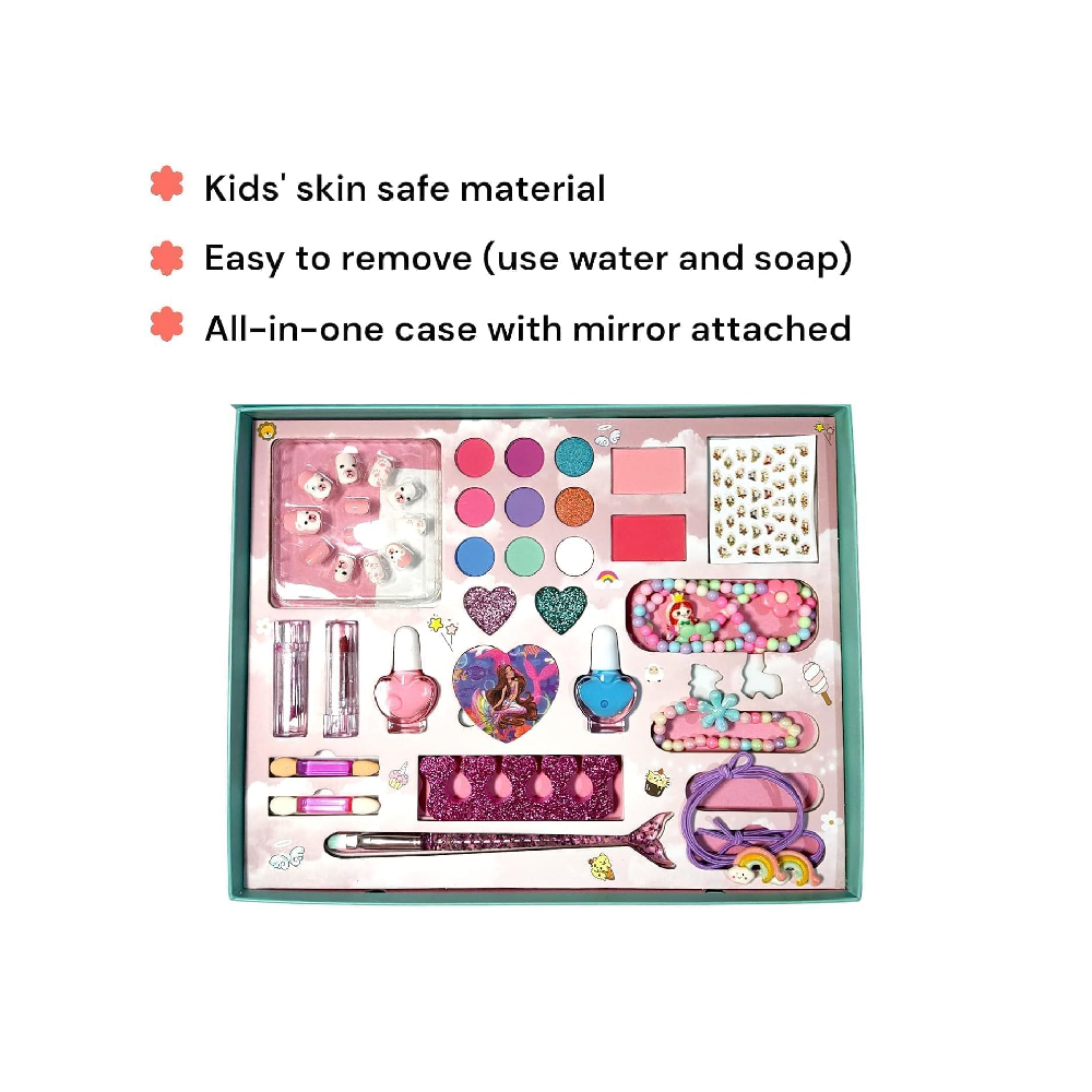 Princess Makeup Kit for Girls  Washable Pretend Play Cosmetic Set with Lipstick, Nail Polish, Jewelry & Accessories  Safe Non-Toxic