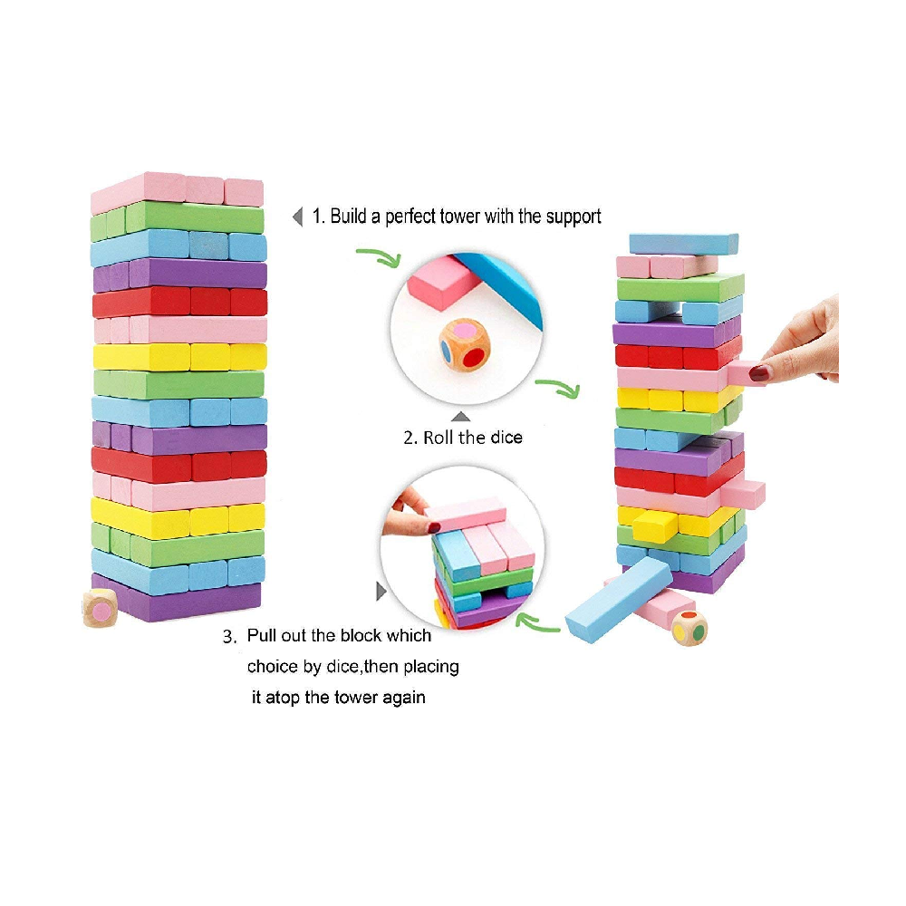 Tumbling Tower Game for Kids and Adults  Wooden colorfull Blocks with Dices GameStacking Game Challenging Dice Game Maths Game