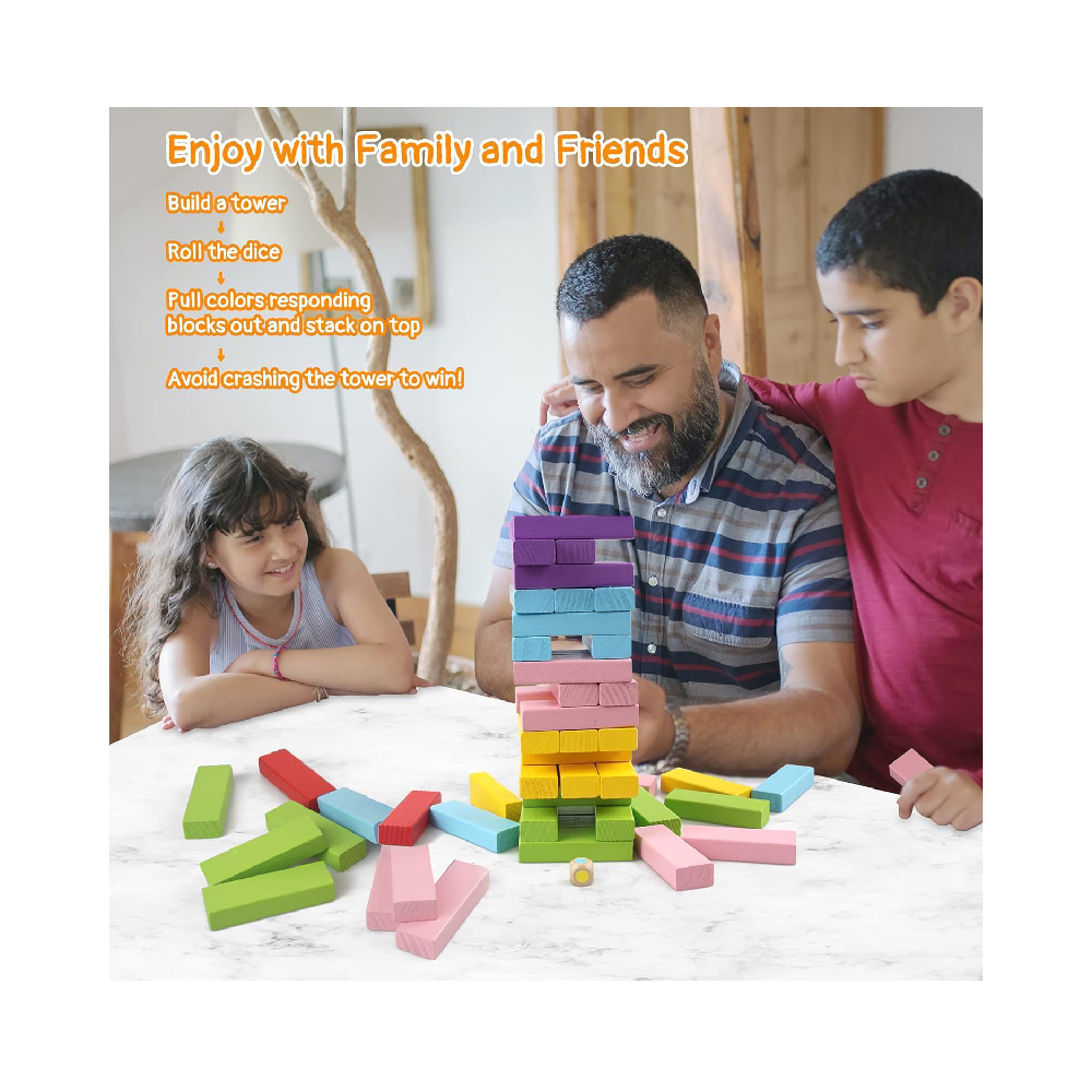 Tumbling Tower Game for Kids and Adults  Wooden colorfull Blocks with Dices GameStacking Game Challenging Dice Game Maths Game
