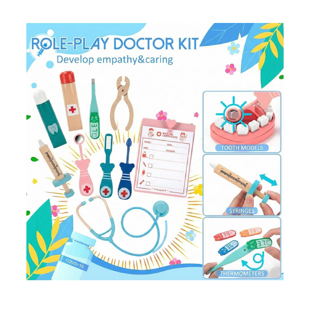 Wooden Doctor Set for Kids, Pretend Play Doctor Kit for Boys & Girls, Doctor Toys Age 3 4 5 6 7, Role Play Medical Kit, Dentist Kit, Best Birthday Gift for Kids