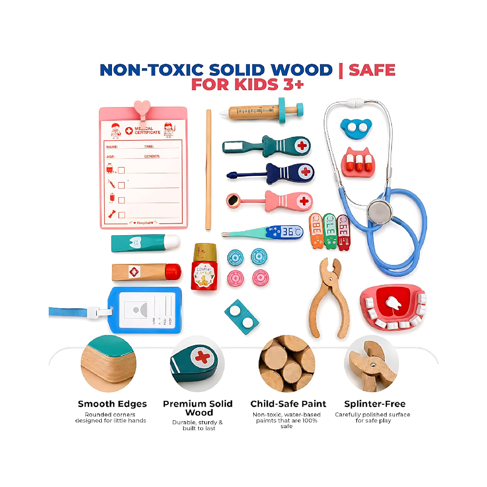 Wooden Doctor Set for Kids, Pretend Play Doctor Kit for Boys & Girls, Doctor Toys Age 3 4 5 6 7, Role Play Medical Kit, Dentist Kit, Best Birthday Gift for Kids